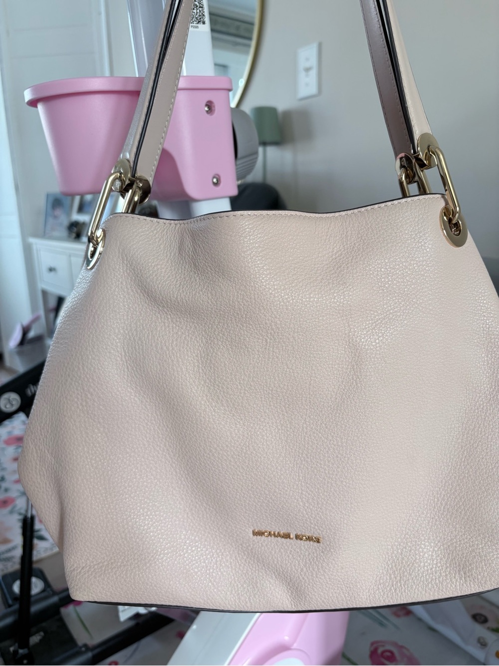 Michael Kors Pale Pink Pebbled Leather Shoulder Bag with Gold Hardware